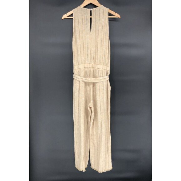 Drew Women's Sleeveless Striped Linen Blend Jumpsuit S Tan Belted Bohemian Artsy - Picture 2 of 8